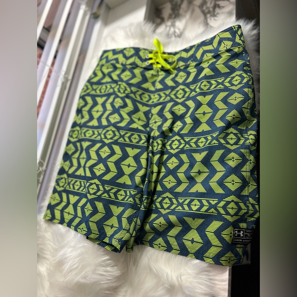 Under Armour Men’s Blue and Green Pattern Swim Shorts, Size 34 Men’s